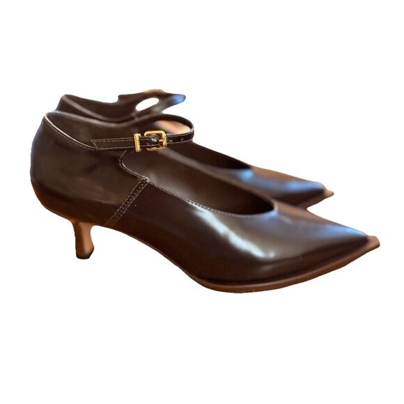 Anthropologie Western Kitten Heel Sz EU 38 Brown Leather Pointed Mary Jane Pumps - Picture 4 of 8